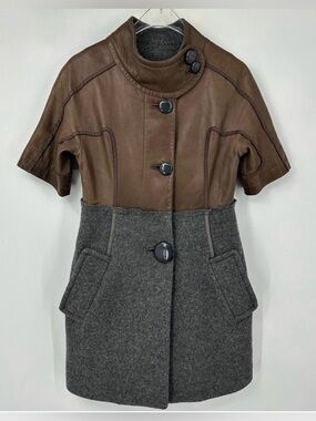 Hanii Y Lambs Leather Wool Long Midi Coat Brown Gray IT 40 Buttons Mock Neck